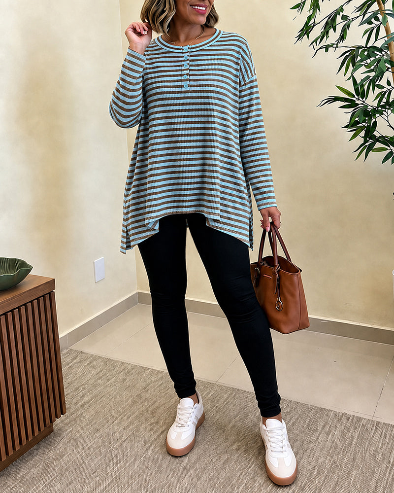 Women's Striped Henley Neck Waffle Knit Top Casual Loose Side Slit Long Sleeve Pullover