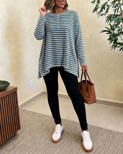 Women's Striped Henley Neck Waffle Knit Top Casual Loose Side Slit Long Sleeve Pullover
