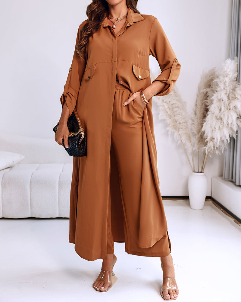 2 Pieces Outfit Turn-down Collar Turn-Up Sleeves Button Front Asymmetrical Hem Longline Blouse and Casual Elastic Waist Wide Leg Pants Set