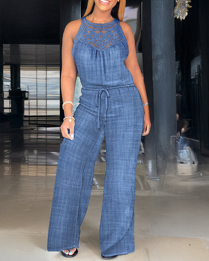Women's Halter Jumpsuit Lace Trim Backless Overalls Tied Detail Wide Leg Jumpsuit with Pockets