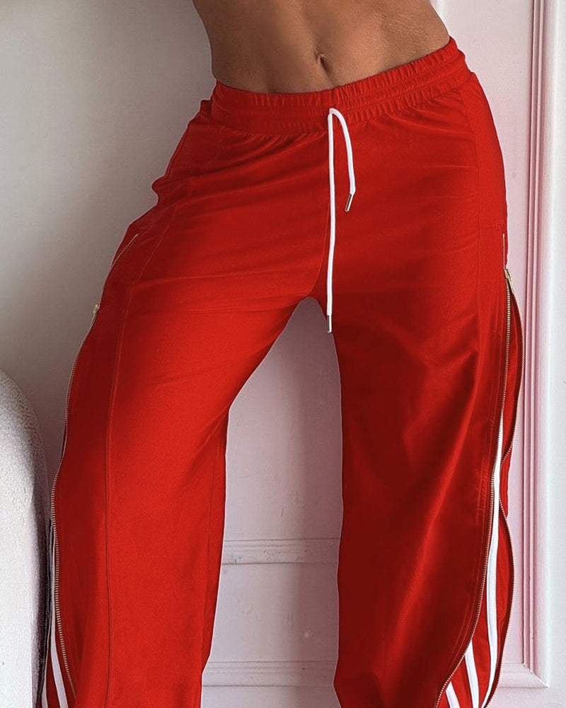 Contrast Side Striped & Zipper Slit Side Drawstring Elastic Waist Trousers Casual Wide Leg Pants