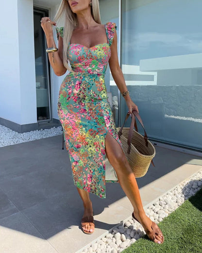 Women's Floral Sweetheart Neck Mid-length Dress Flutter Sleeve High Slit Bodycon Summer Vacation Dress