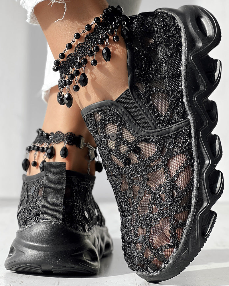 Contrast Sequin Sheer Mesh Patch Breathable Sneakers