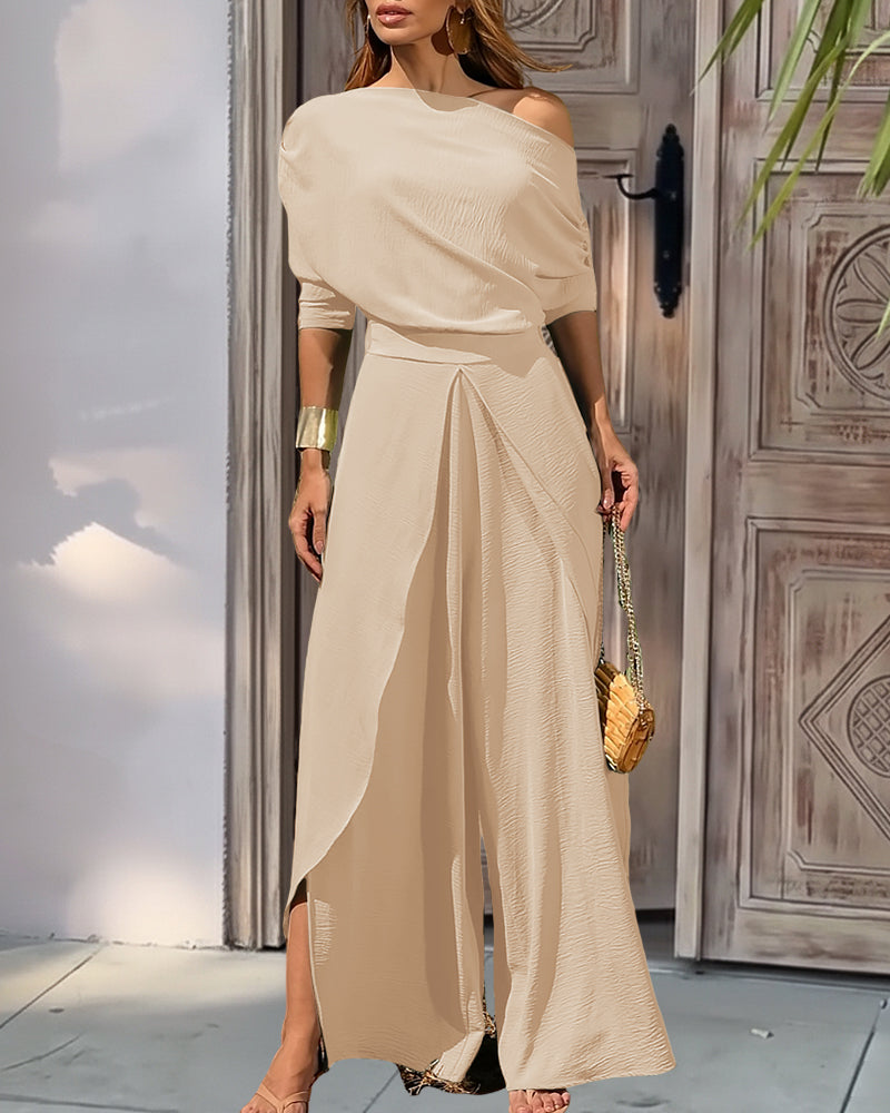 Two-Piece Set Cold Shoulder Batwing Sleeve Top and Casual Elastic Waist Slit Wide Leg Pants