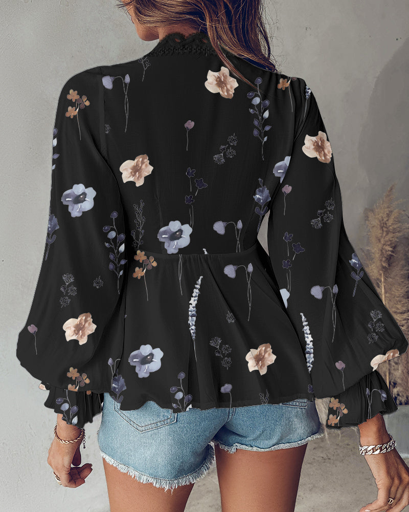 Floral Print Deep V-Neck Lantern Sleeve Casual Contrast Lace Tied Detail Blouse