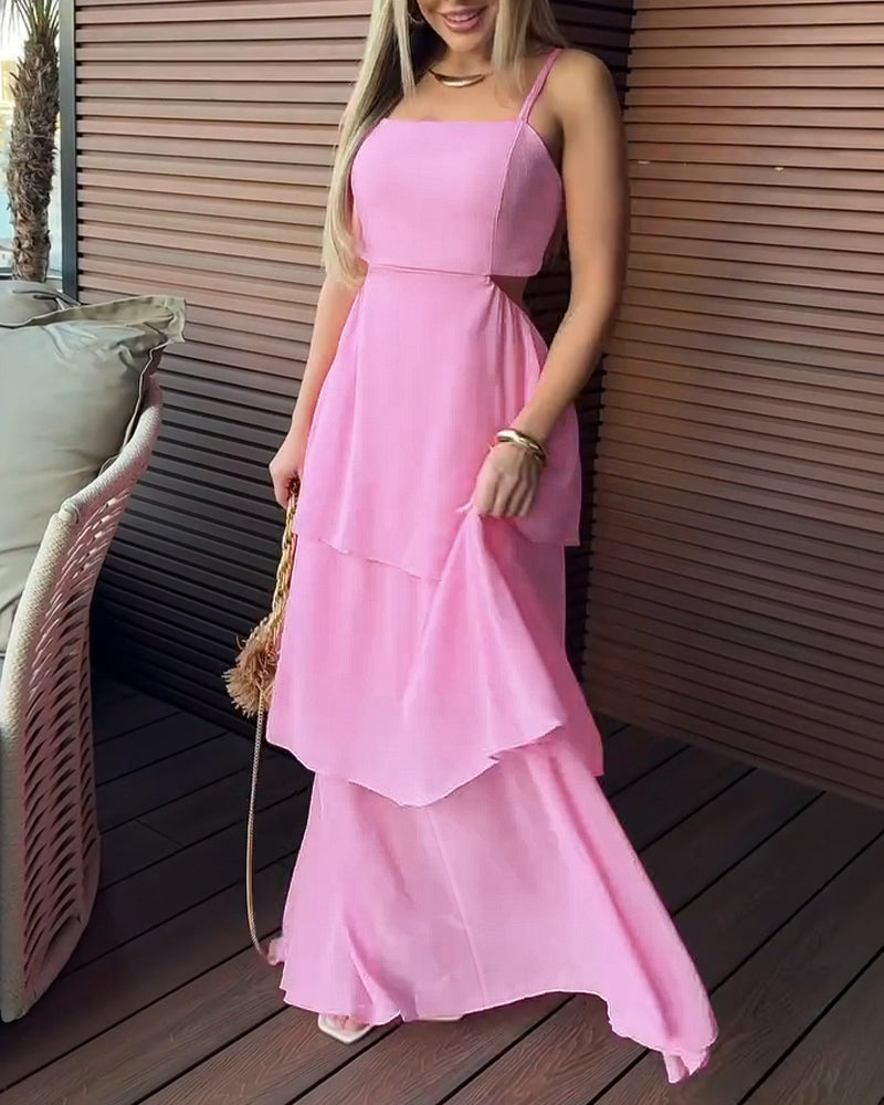 Square Neck Adjustable Spaghetti Straps Cutout Waist Ruffle Hem Dress Casual Backless Tie Back Stretchy Back Chiffon Cami Dress