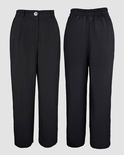 2 Pieces Outfit Turn-down Collar Turn-Up Sleeves Button Front Flap Pockets Design Top and Causal Zipper Fly Elastic Back Waist Wide Leg Pants Set