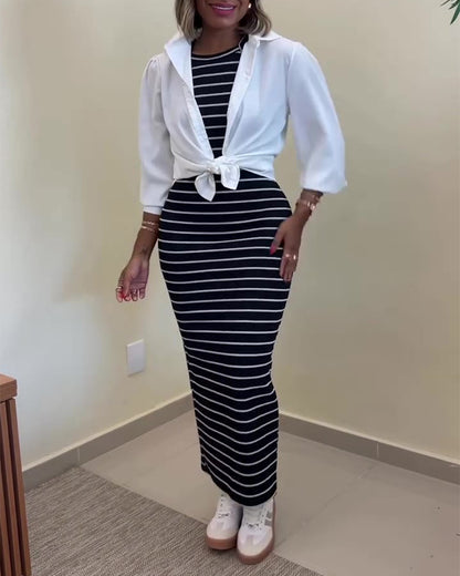 Women's Striped Halter Maxi Dress Sleeveless Ribbed Knit Dress Elegant Back Slit Slim Fit Casual Sundress