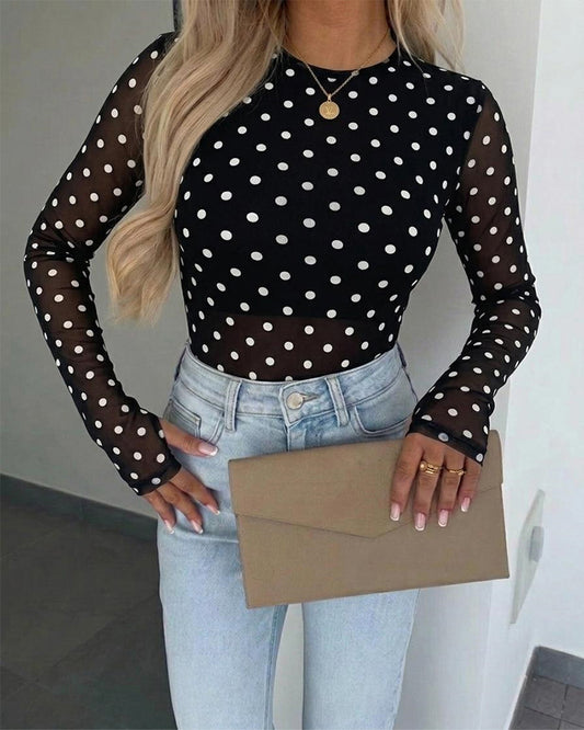 Top de malla con lunares para mujer, camiseta transparente de manga larga con forro, cuello redondo y corte entallado, para llevar por capas, con aberturas para los pulgares