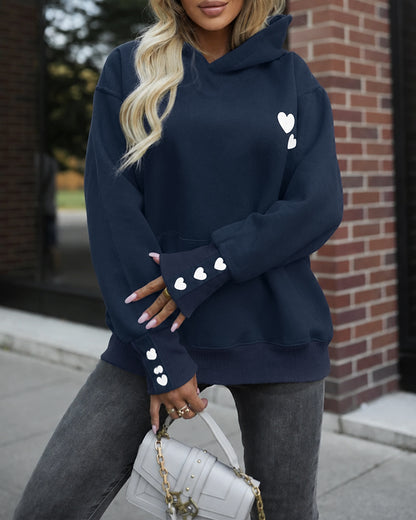 Women's Heart Print Pullover Hoodie Casual Loose Long Sleeve Sweatshirt with Kangaroo Pocket
