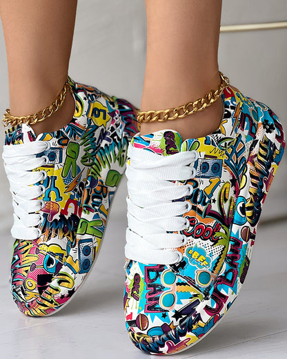 Cartoon Print Lace-up Casual Sneakers