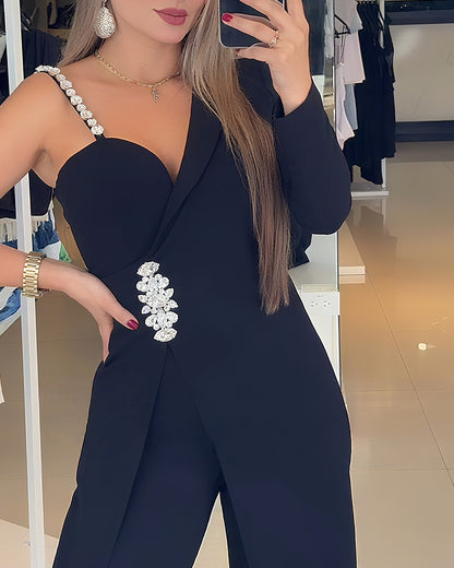 One Shoulder Rhinestone Decor Jumpsuit Casual Long Sleeve Wide Leg Romper