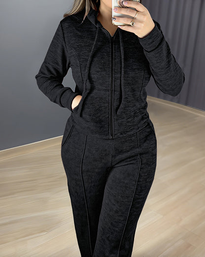2 Pieces Outfit Long Sleeve Zip Up Drawstring Hoodie Coat and Casual Elastic Waist Seam Front Straight Leg Pants Set