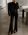 Women's Two Piece Set Mock Neck Lantern Sleeve Pearl Chiffon Top and High Waist Slit Flare Pants