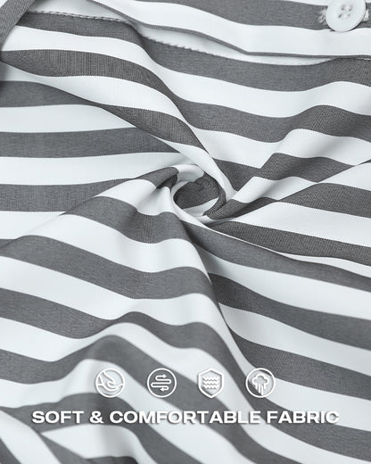 Striped Turn-down Collar Long Sleeve Dress Button Drwastring  Shirred Dress