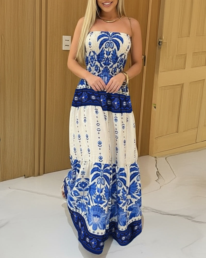 Vintage Floral & Plants Print Cinched Waist Shirred Strapless Dress Casual Ruffle Hem Vacation Dress