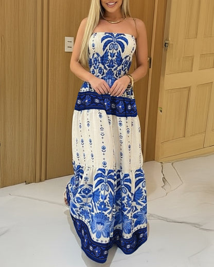 Vintage Floral & Plants Print Cinched Waist Shirred Strapless Dress Casual Ruffle Hem Vacation Dress