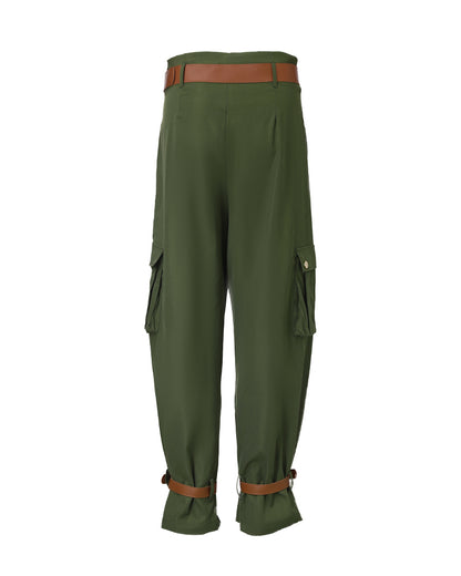 Women's Pockets Design Cargo Pants Casual High Waisted Trousers with Contrast Belt