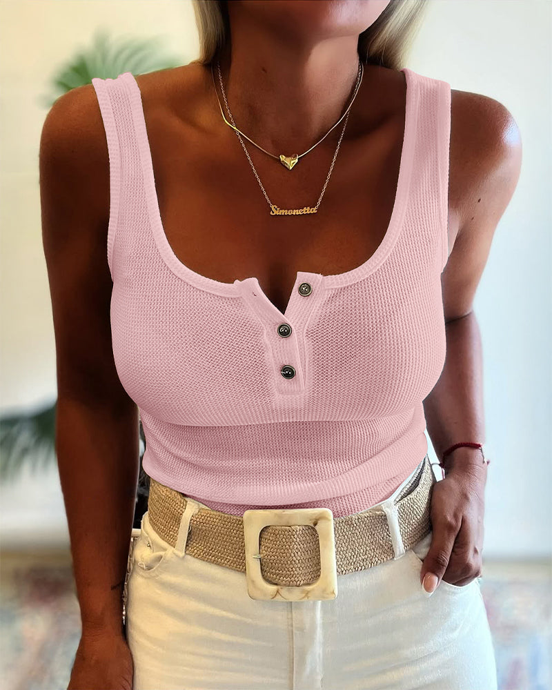 U-Neck Sleeveless Half Button Front Tank Slim Fit Backless Knit Waffle Tank Top