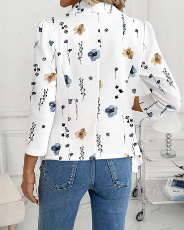 Floral Print Shawl Collar Three Quarters Sleeve Open Front Coat Casual Cinched Waist Flared Hem Blazer Coat