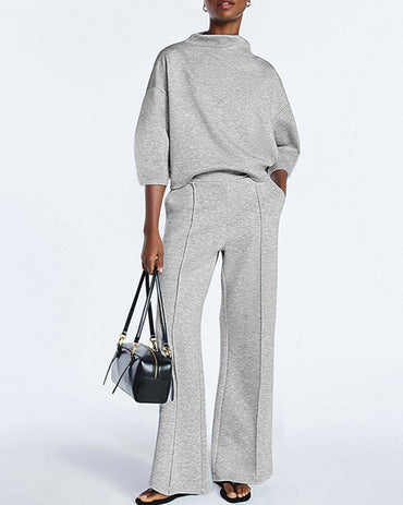 Women's 2 Piece Sweatsuit Set Mock Neck Zip Sweatshirt and High Waisted Straight Leg Sweatpants Casual Loungewear