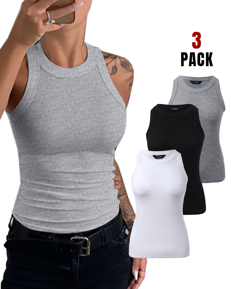 3 Pack Knit Round Neck Thick Strap Racerback Tank Tops(Without Pads)