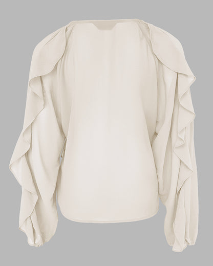 V Neck Shoulder Ruffles Design Blouse Casual Button Front Long Sleeve Top
