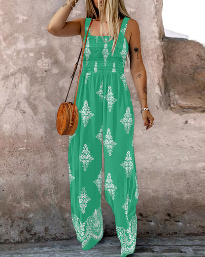 Graphic Print Square Neck Thick Strap Shirred Jumpsuit Wide Leg Overalls with Pockets