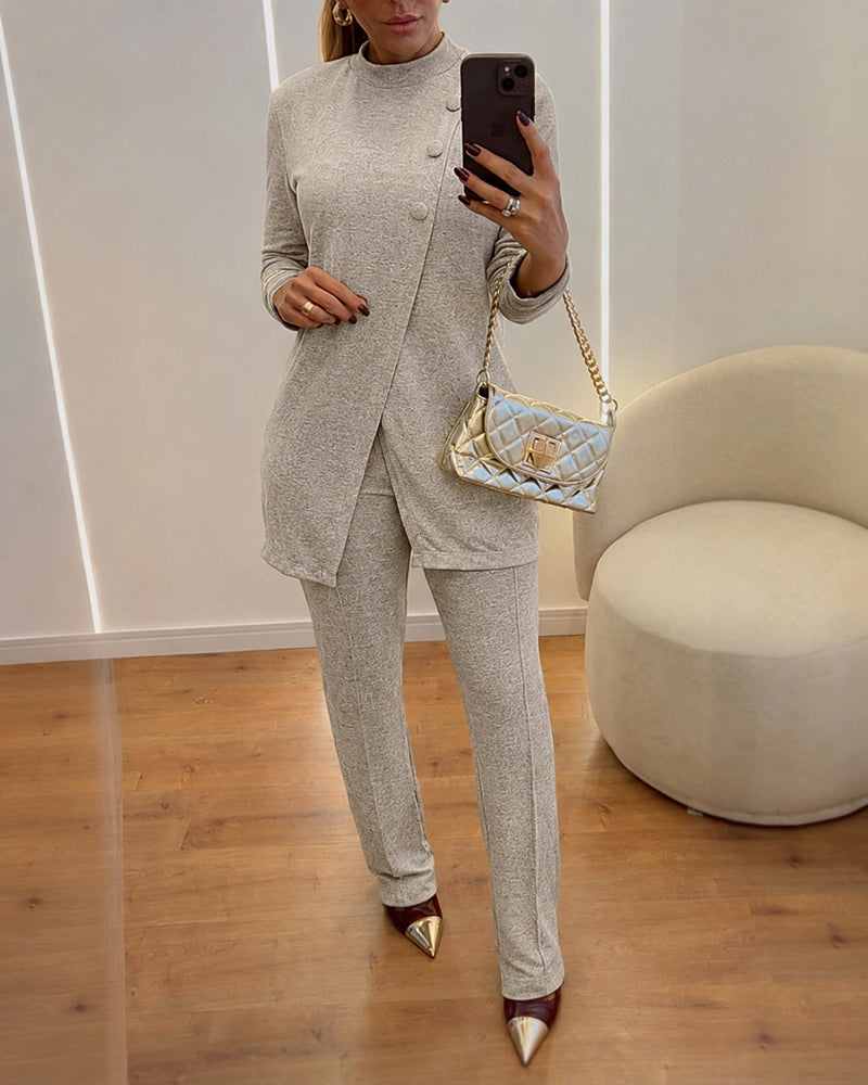 Women's 2 Piece Knit Outfits Mock Neck Long Sleeve Asymmetrical Longline Top and Straight Leg Pants Set