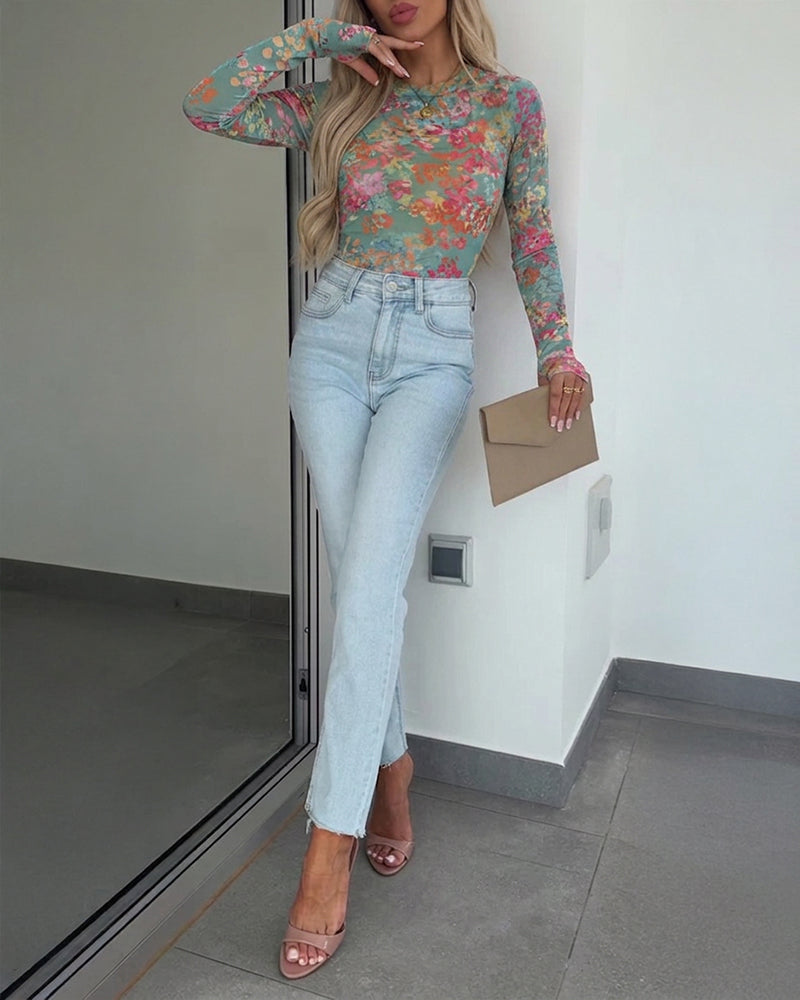 Women's Floral Print Sheer Mesh Top Long Sleeve Slim Fit Crewneck Layering Top with Thumb Hole Cuffs