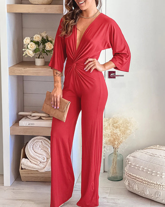 Women's Deep V Neck Twist Front Jumpsuit Three Quarters Sleeve Straight Leg Overalls