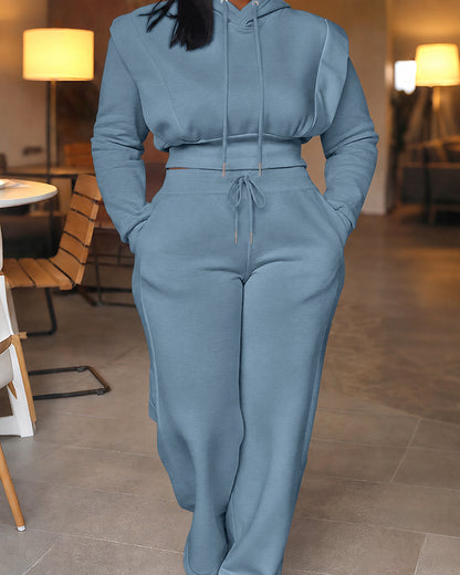2-teiliges Outfit, langärmliges, kurzes Kapuzenpullover-Sweatshirt mit Kordelzug, Bündchen mit Daumenlöchern und lässigem Jogginghosen-Set mit Kordelzug und elastischer Taille mit weitem Bein 