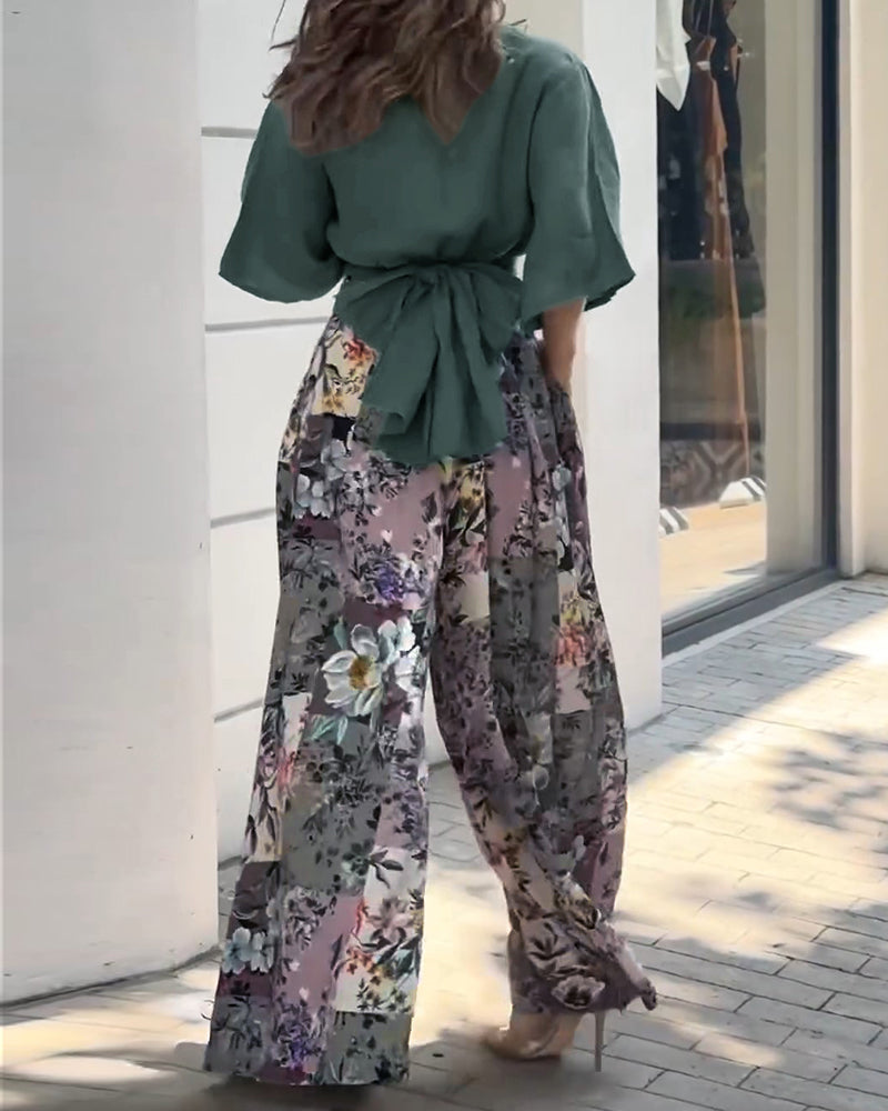 Twisted Crop Top & Floral Print Wide Leg Pants Set