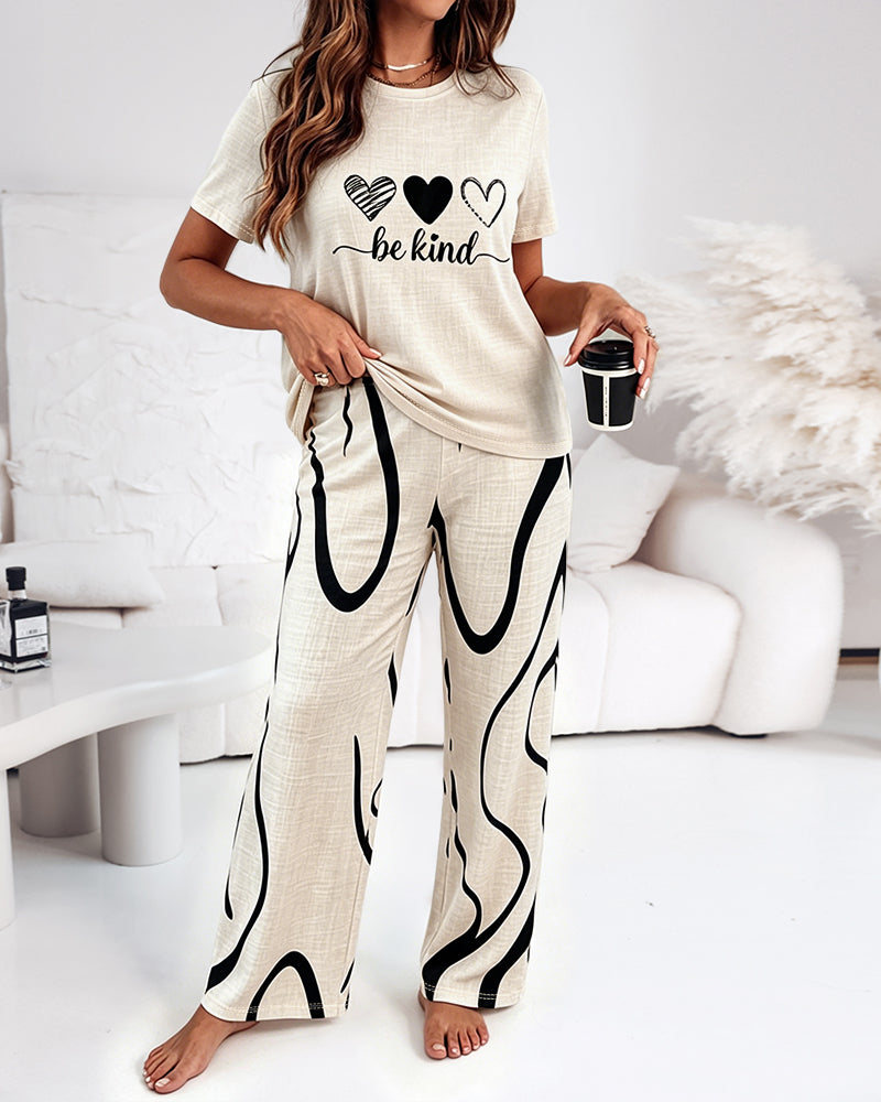 Women's 2 Piece Pajama Set Heart & Letter Top and High Waisted Abstract Print Pants Casual Loungewear with Pockets