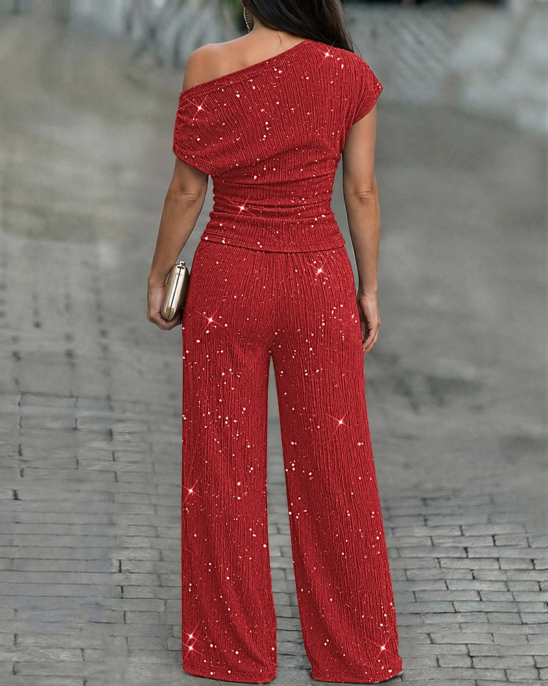 Women's Glitter Textured Two Piece Outfits Plisse Skew Neck Ruched Top and High Waisted Straight Leg Pants Set