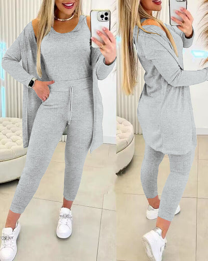 3 Piece Lounge Set Crewneck Sleeveless Tank Top Long Sleeve Open Front Coat Pants Sweatsuit