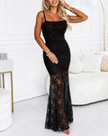 Women's Lace Patchwork Ruched Maxi Dress Adjustable Spaghetti Strap Mermaid Gown