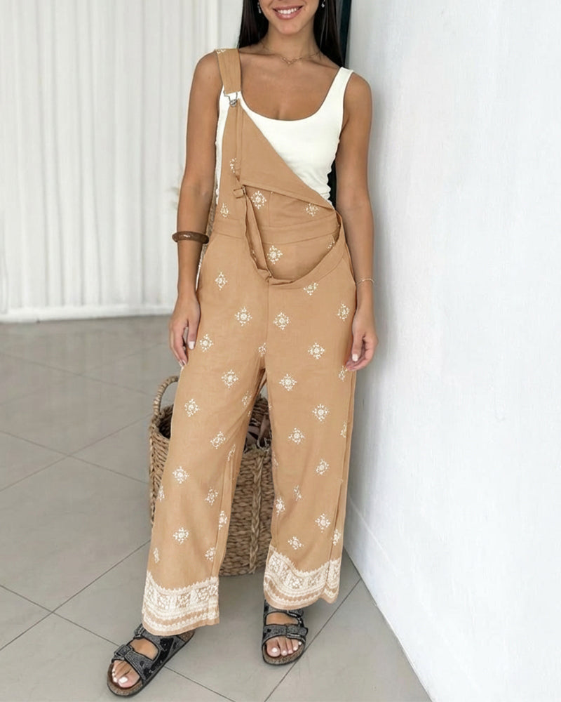 Vintage Embroidered Tribal Pattern Adjustable Straps Elastic Back Waist Suspender Jumpsuit with Front Bib Pocket