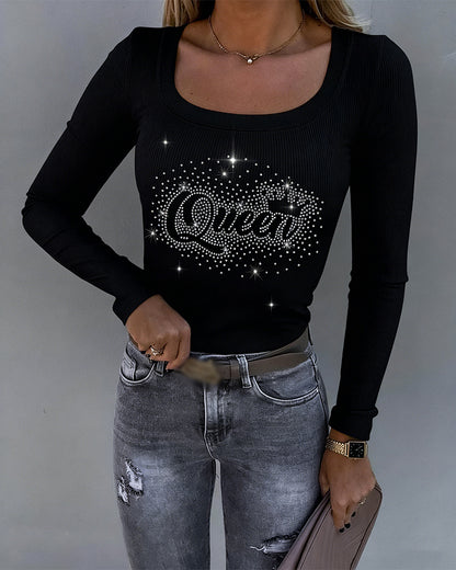 Women's Square Neck Long Sleeve Top Rhinestone Queen Letter Graphic Ribbed Knit Shirt Slim Fit Casual Sparkly Tee