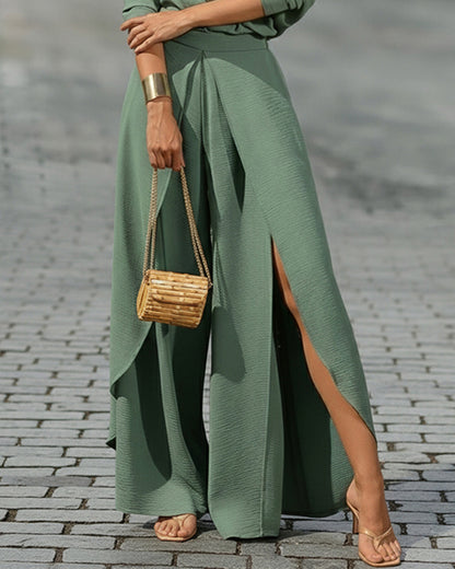 Two-Piece Set Cold Shoulder Batwing Sleeve Top and Casual Elastic Waist Slit Wide Leg Pants