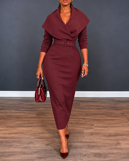 Women's Lapel Collar Wrap V-Neck Long Sleeve Slit Midi Dress with Belt