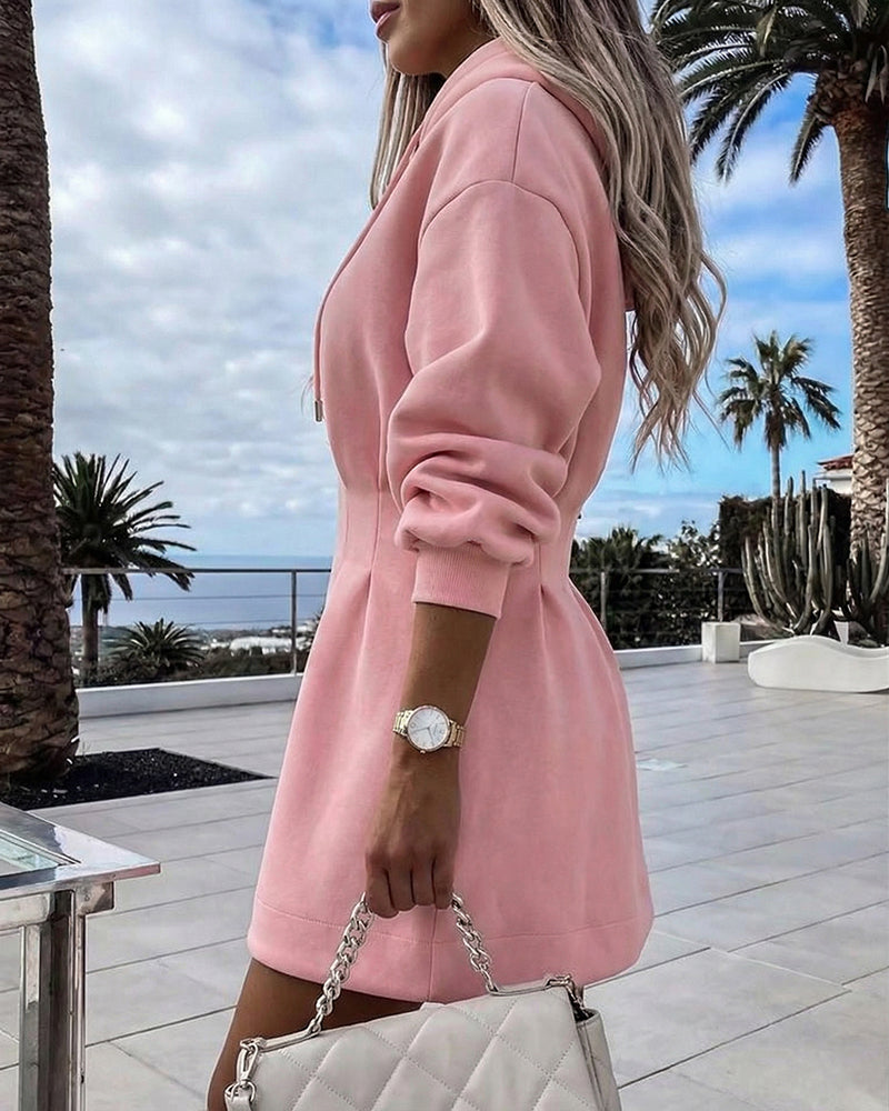 Women's Hooded Sweatshirt Dress Drawstring Waist-Cinching A-Line Casual Long Sleeve Mini Dress with Pockets