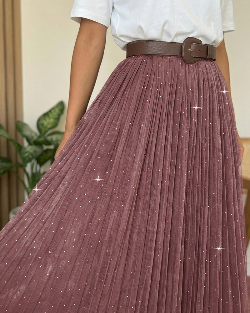 Women's High Waisted Pleated Midi Skirt Rhinestone Embellished A-Line Skirt Sparkling Elastic Waist Party Skirt