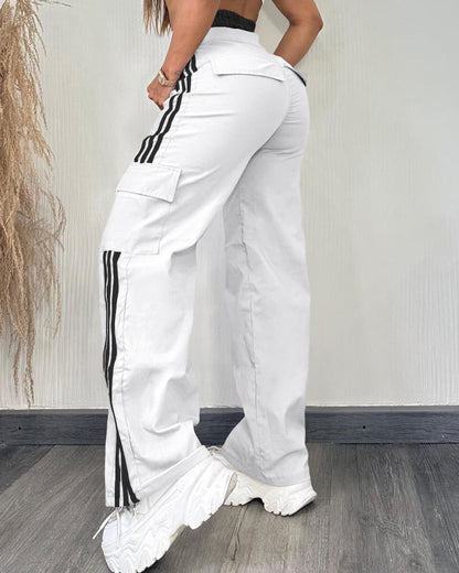 Contrast Side Striped Zipper Fly Stretchy High Waist Pants Flap Pockets Design Double Waistband Cargo Pants