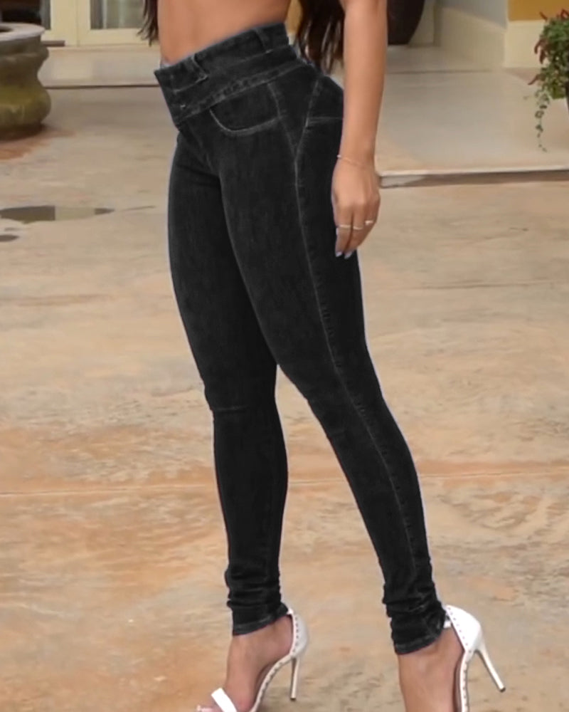 Front Button Zipper Fly High Waist Butt Lifting Skinny Denim Jeans Casual Pants