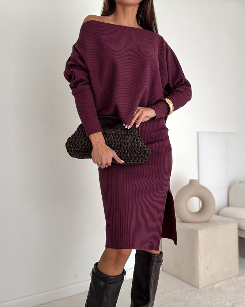 2 Pieces Outfit Skew Neck Batwing Sleeve Top and Side Slit Skirt Set Casual Ribbed Set