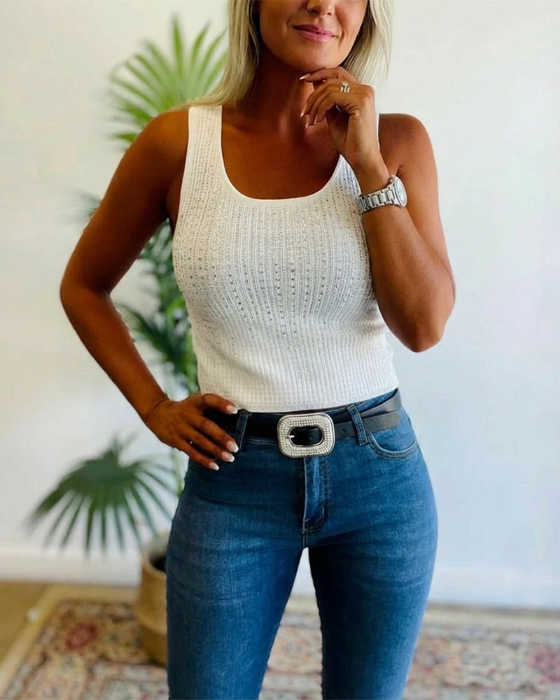 Rhinestone Decor U-Neck Sleeveless Tee Slim Fit Backless Ribbed Tank Top