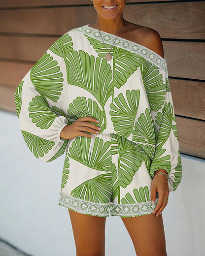 Women's Tropical Leaf Print 2 Piece Set Skew Neck Lantern Sleeve Top and Elastic Waist Shorts with Pockets & Lace