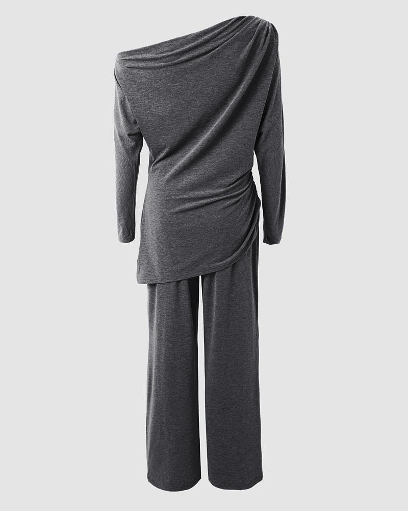 Conjunto informal de 2 piezas para mujer, con top de escote asimétrico fruncido y bajo asimétrico, y pantalones de pierna ancha