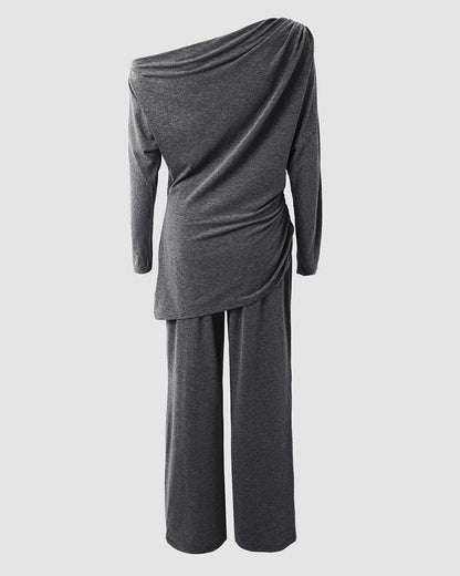 Conjunto informal de 2 piezas para mujer, con top de escote asimétrico fruncido y bajo asimétrico, y pantalones de pierna ancha